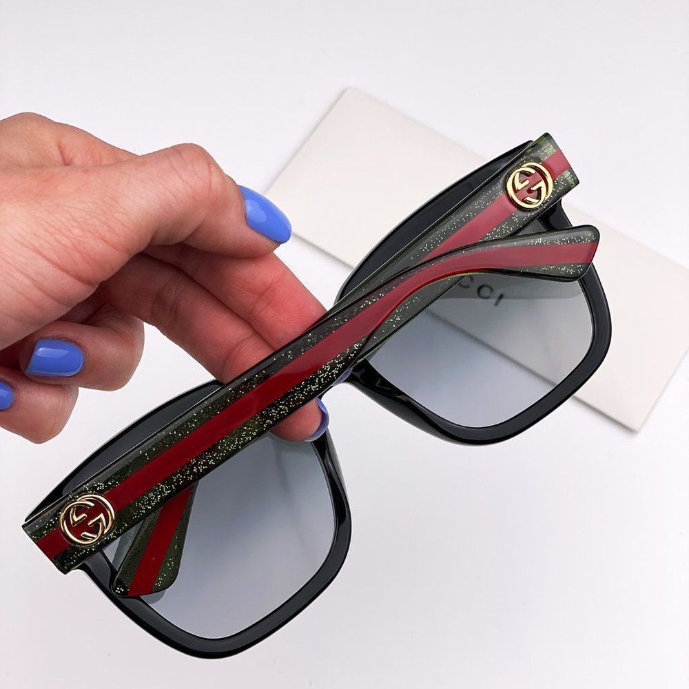 GUCCI GG0034SN 002 Sunglasses Black Green Red Grey Gradient Rectangle Women - Picture 3 of 10